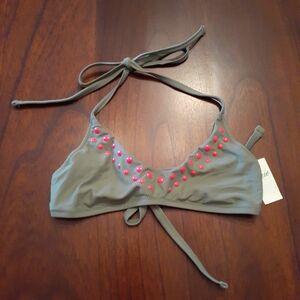 NWT Aerie Women's Olive Green With Hot Pink Accents Scoop Neck Bikini Top UPF 50
